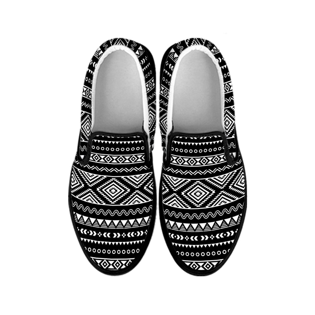 Black And White Aztec Ethnic Print Black Slip On Shoes