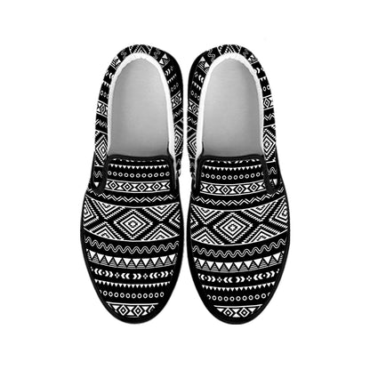 Black And White Aztec Ethnic Print Black Slip On Shoes