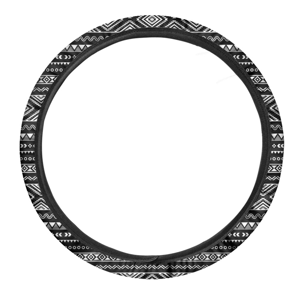 Black And White Aztec Ethnic Print Car Steering Wheel Cover