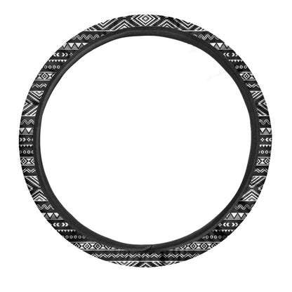 Black And White Aztec Ethnic Print Car Steering Wheel Cover