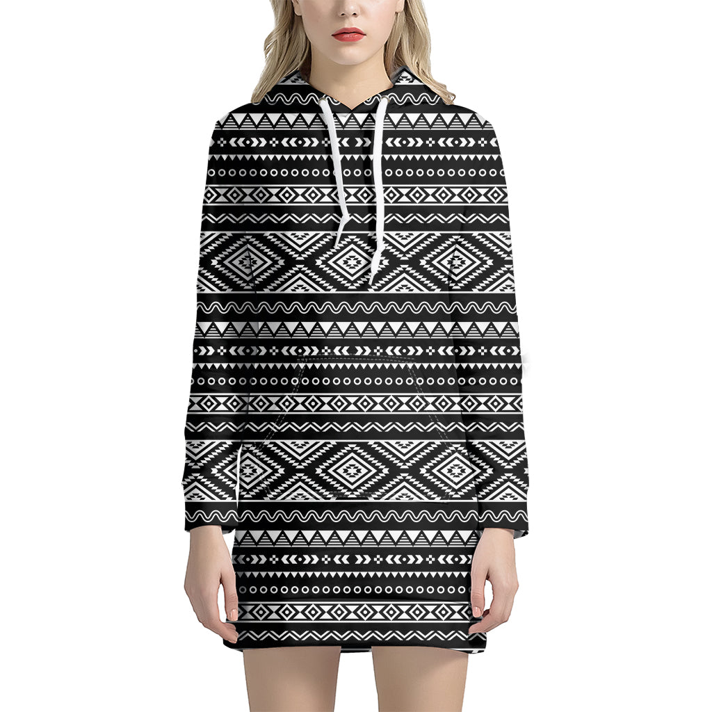Black And White Aztec Ethnic Print Hoodie Dress