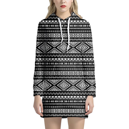 Black And White Aztec Ethnic Print Hoodie Dress