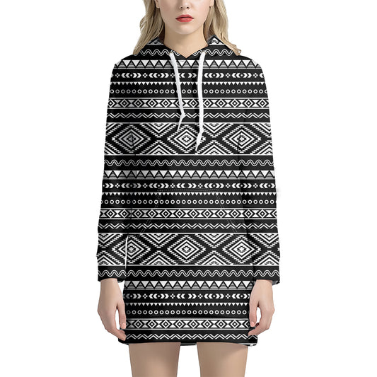 Black And White Aztec Ethnic Print Hoodie Dress