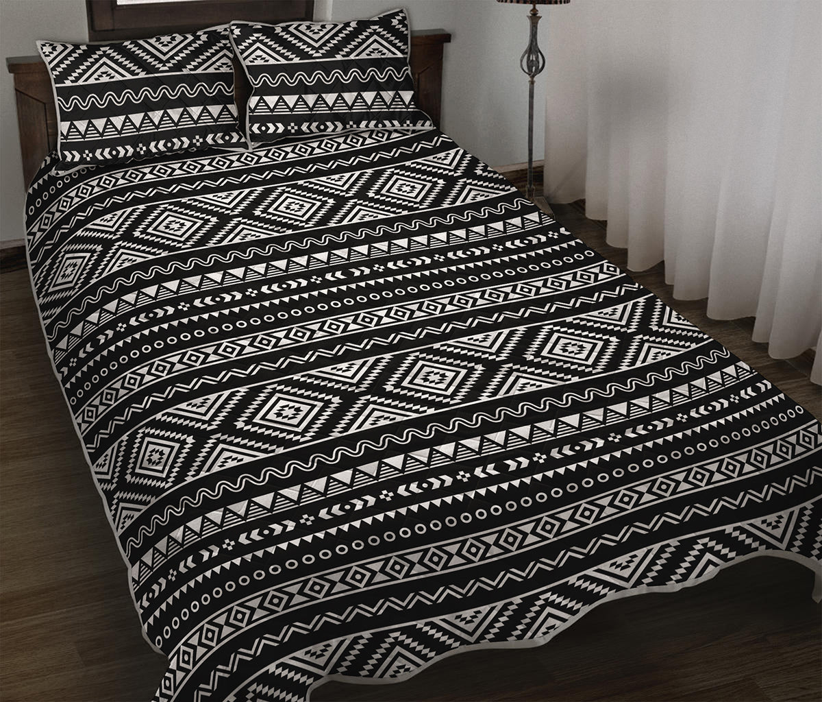 Black And White Aztec Ethnic Print Quilt Bed Set