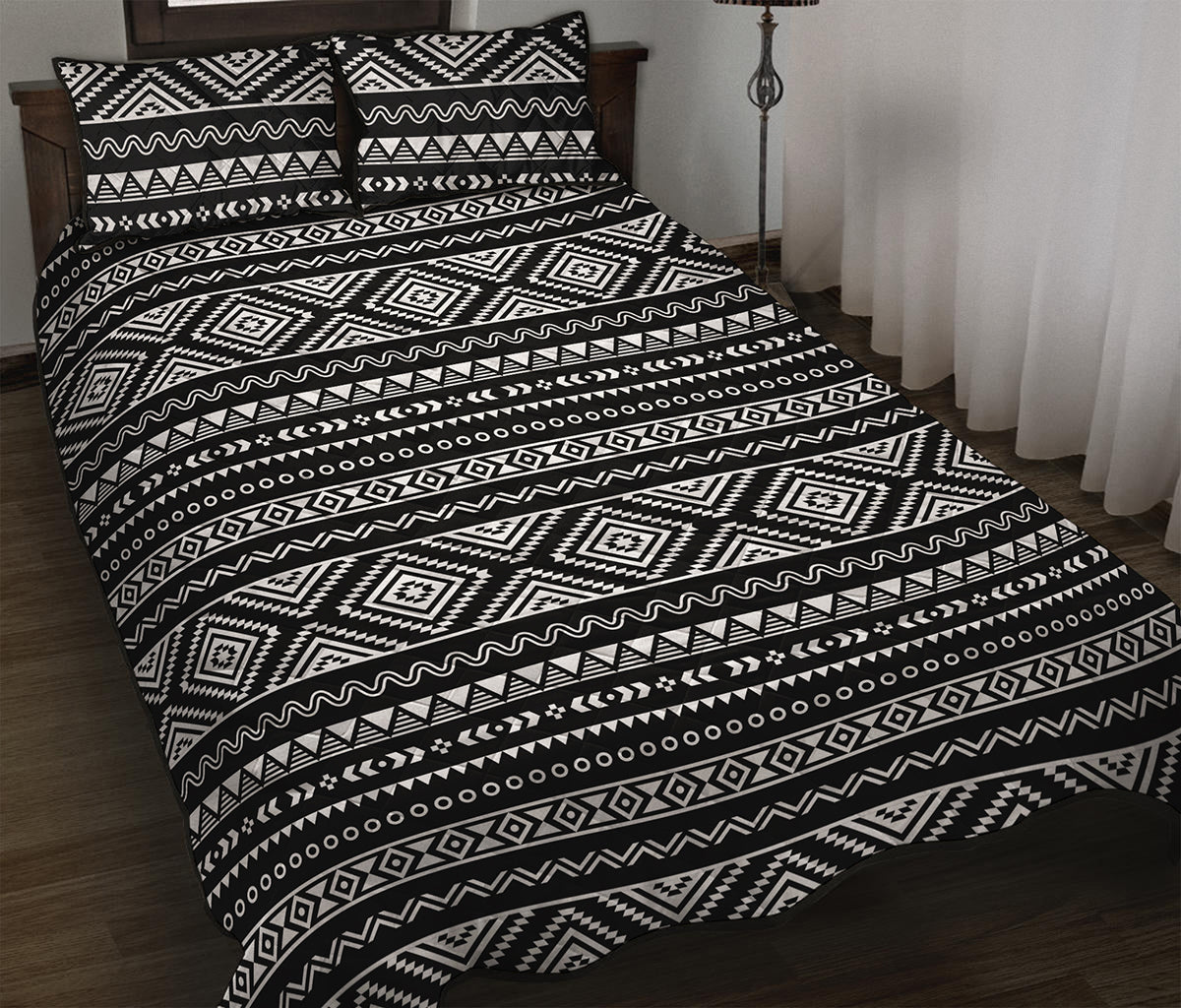 Black And White Aztec Ethnic Print Quilt Bed Set