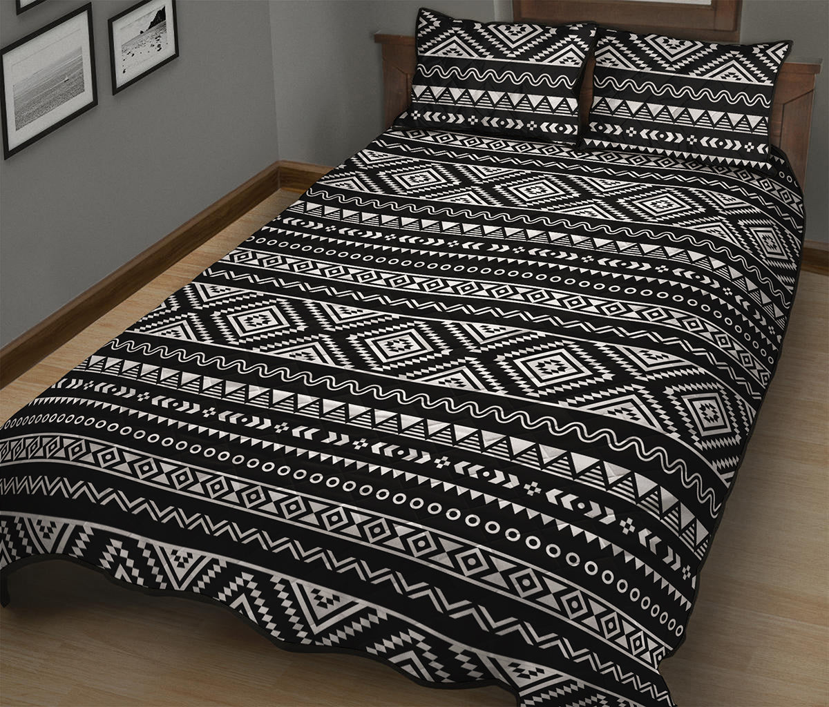 Black And White Aztec Ethnic Print Quilt Bed Set