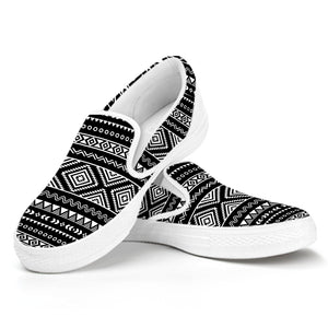 Black And White Aztec Ethnic Print White Slip On Shoes