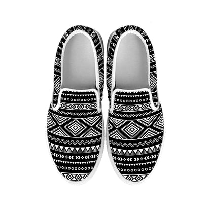 Black And White Aztec Ethnic Print White Slip On Shoes