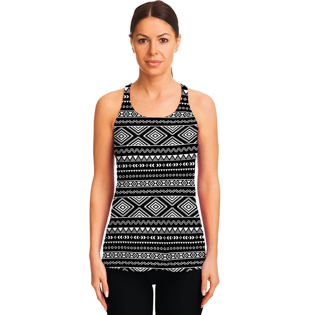 Black And White Aztec Ethnic Print Women's Racerback Tank Top