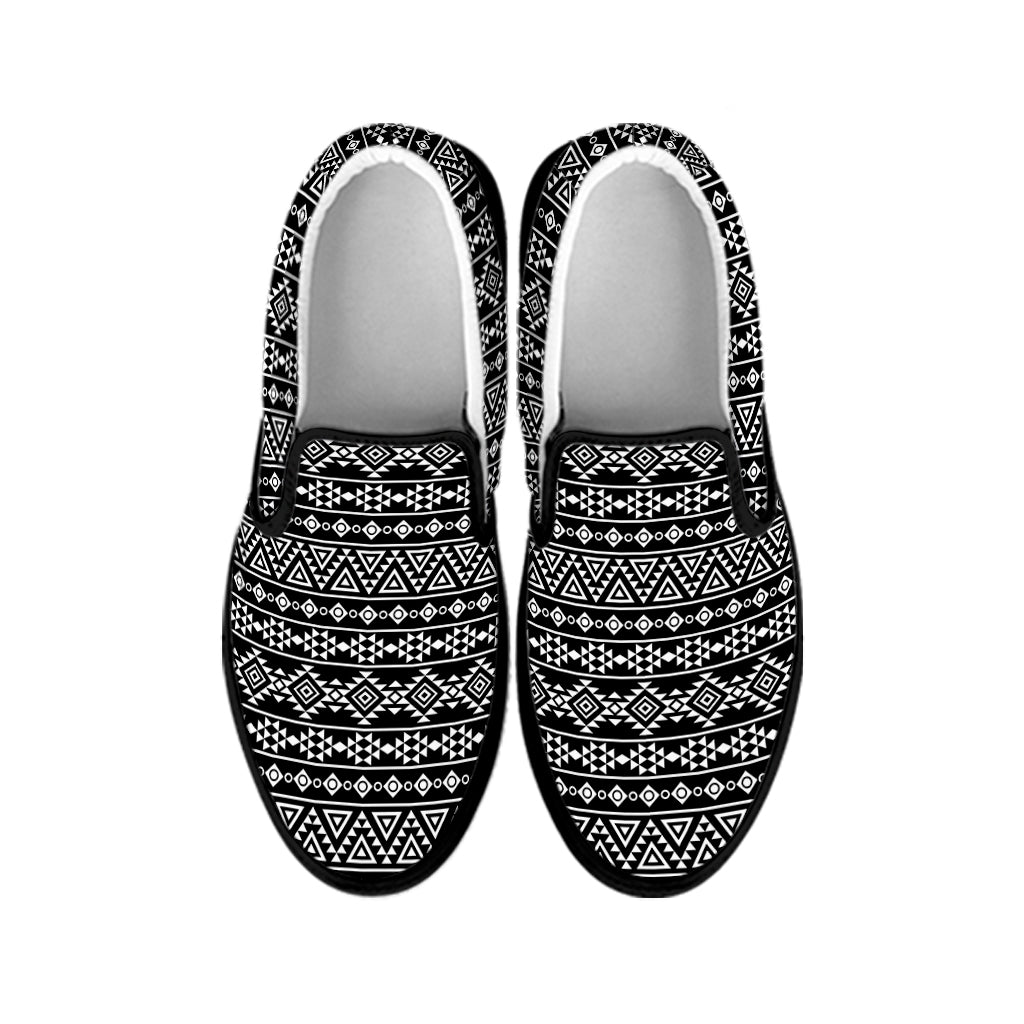 Black And White Aztec Geometric Print Black Slip On Shoes