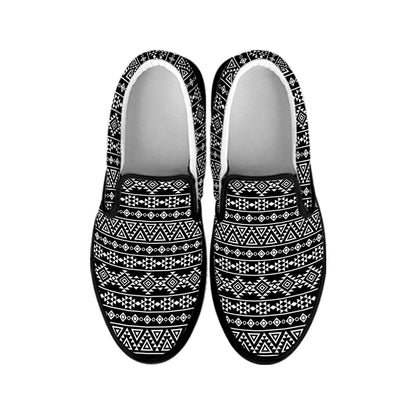 Black And White Aztec Geometric Print Black Slip On Shoes