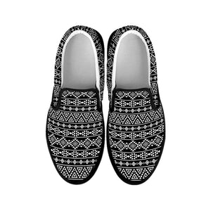 Black And White Aztec Geometric Print Black Slip On Shoes