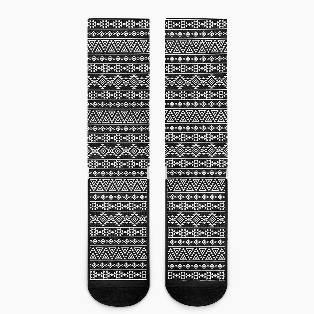 Black And White Aztec Geometric Print Crew Socks