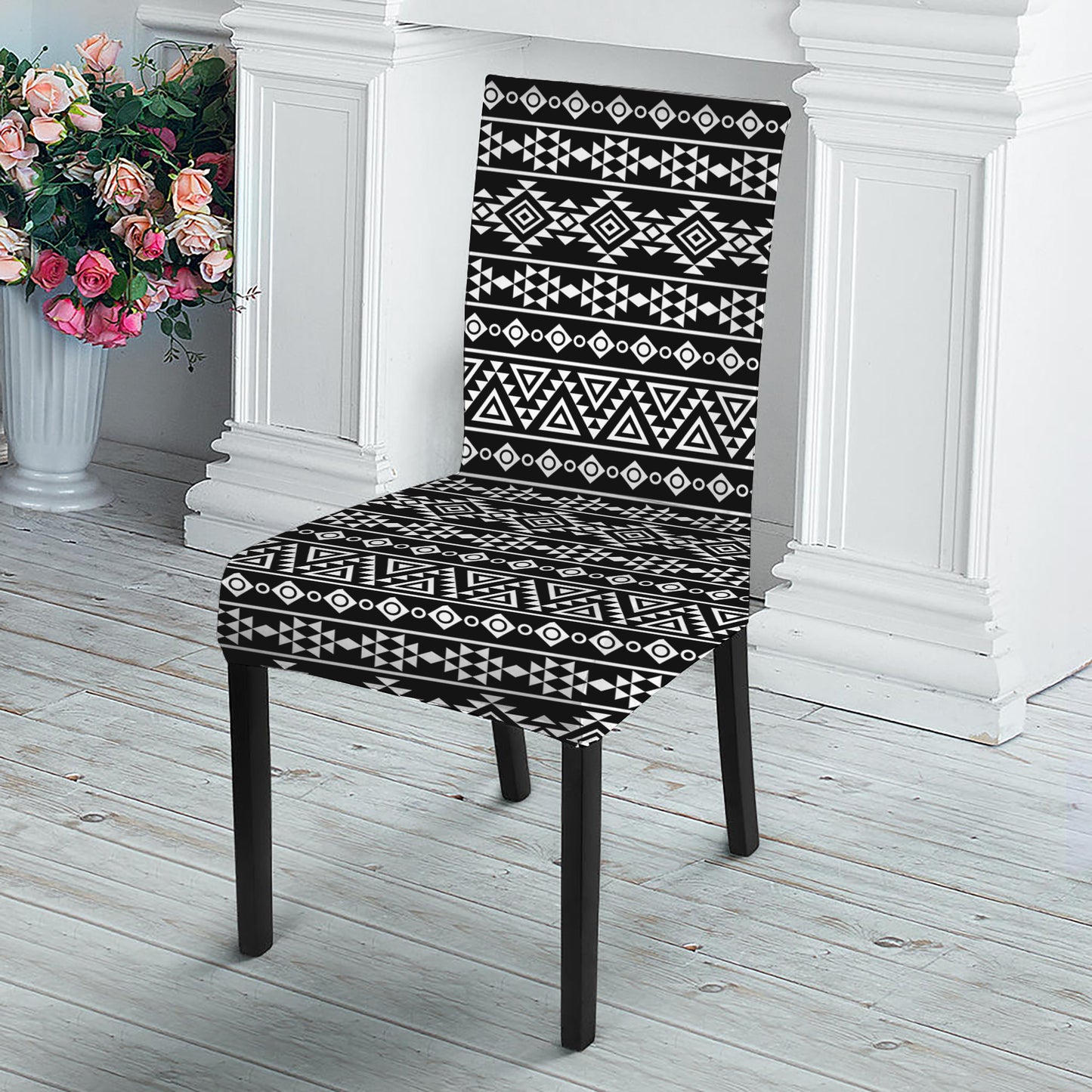 Black And White Aztec Geometric Print Dining Chair Slipcover