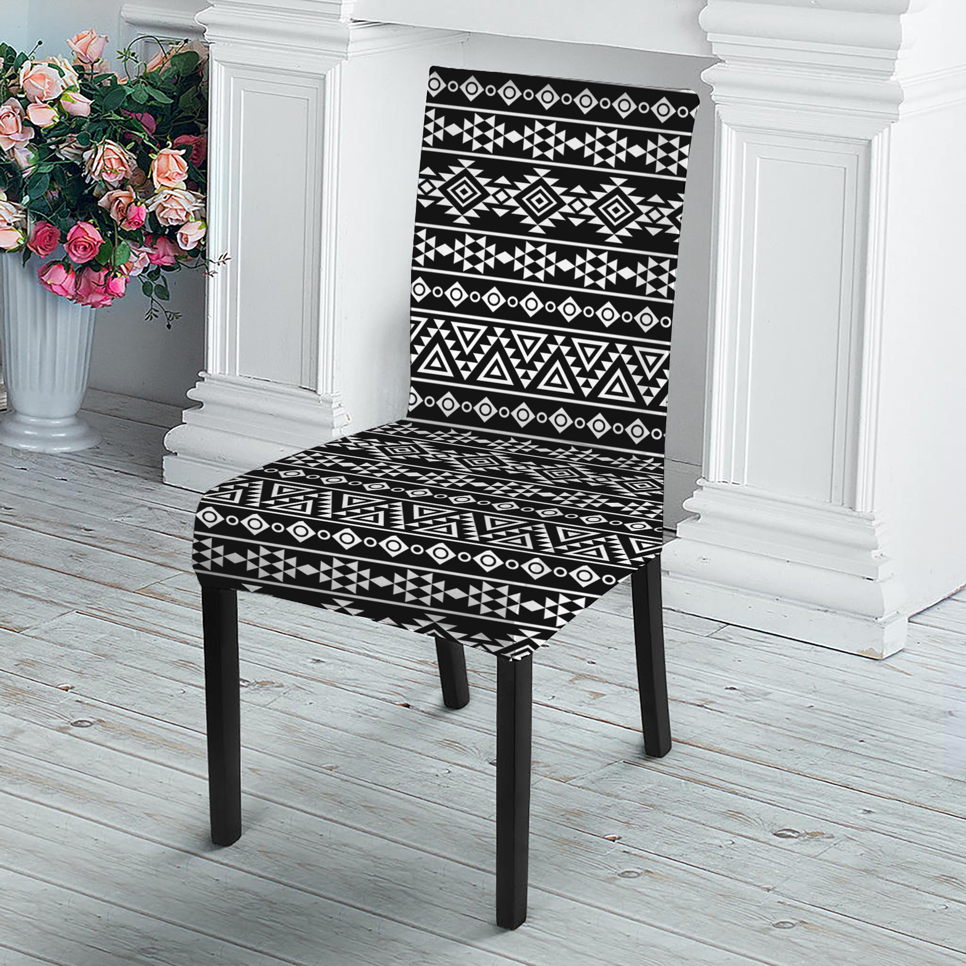 Black And White Aztec Geometric Print Dining Chair Slipcover