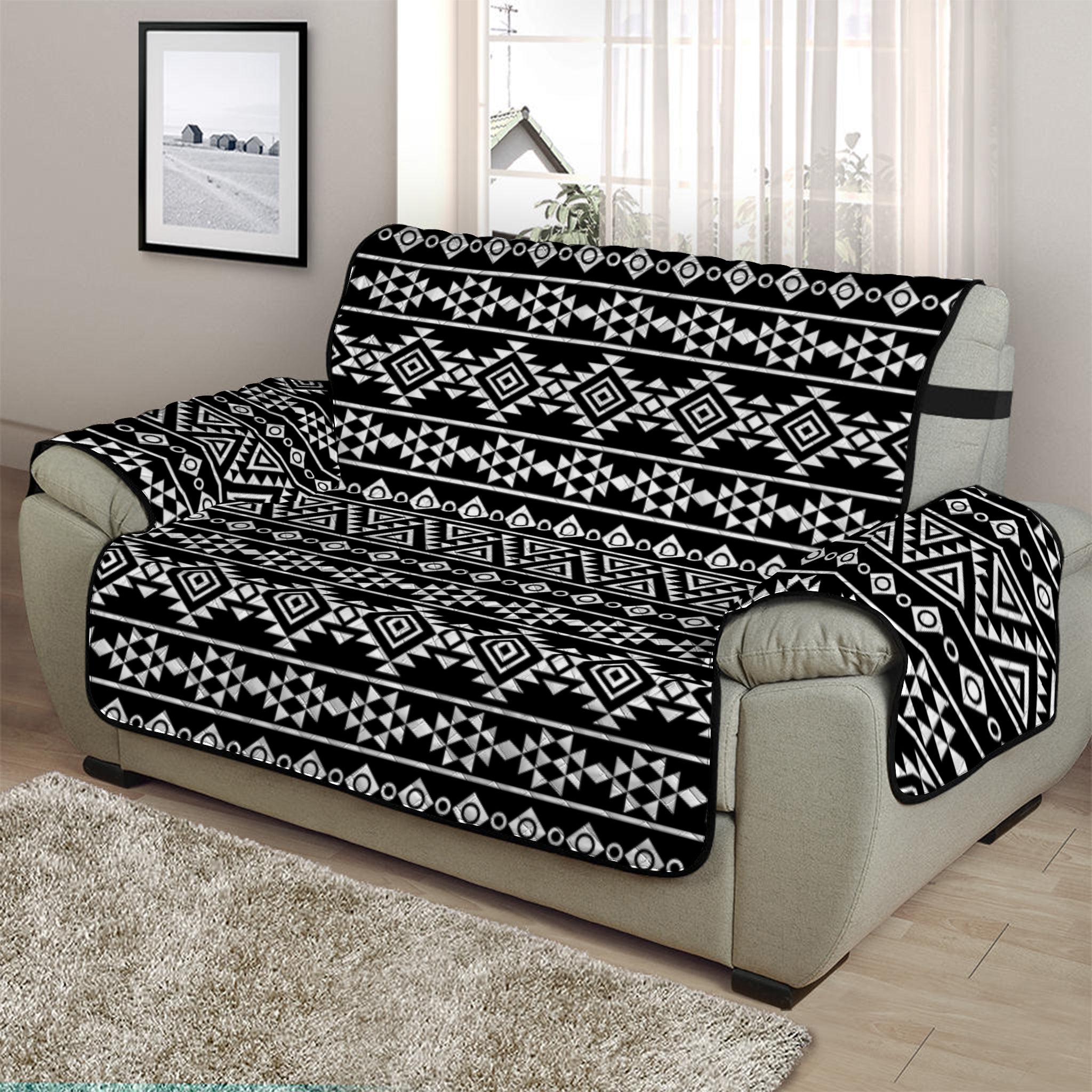 Black And White Aztec Geometric Print Half Sofa Protector