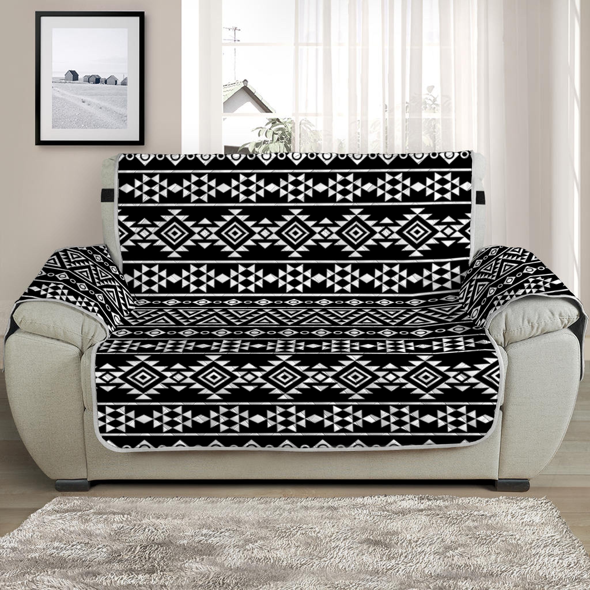 Black And White Aztec Geometric Print Half Sofa Protector