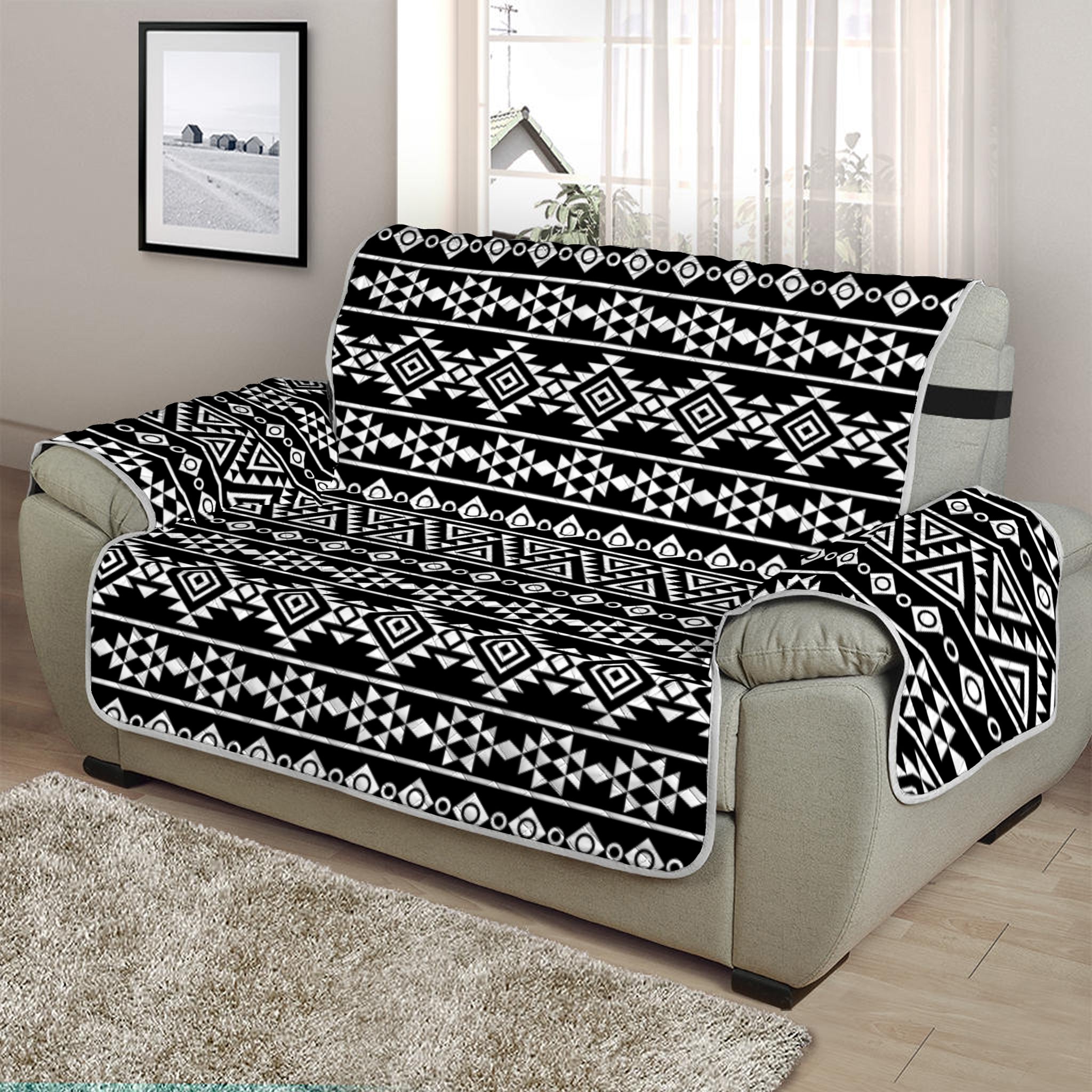 Black And White Aztec Geometric Print Half Sofa Protector