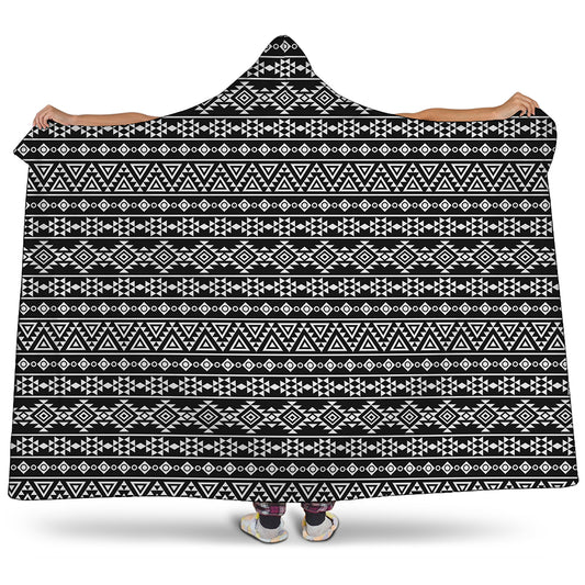Black And White Aztec Geometric Print Hooded Blanket