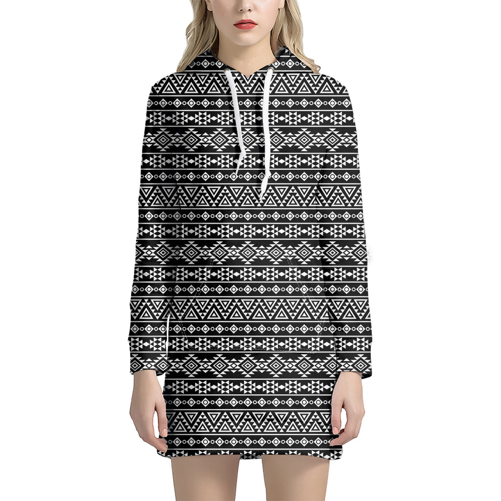 Black And White Aztec Geometric Print Hoodie Dress