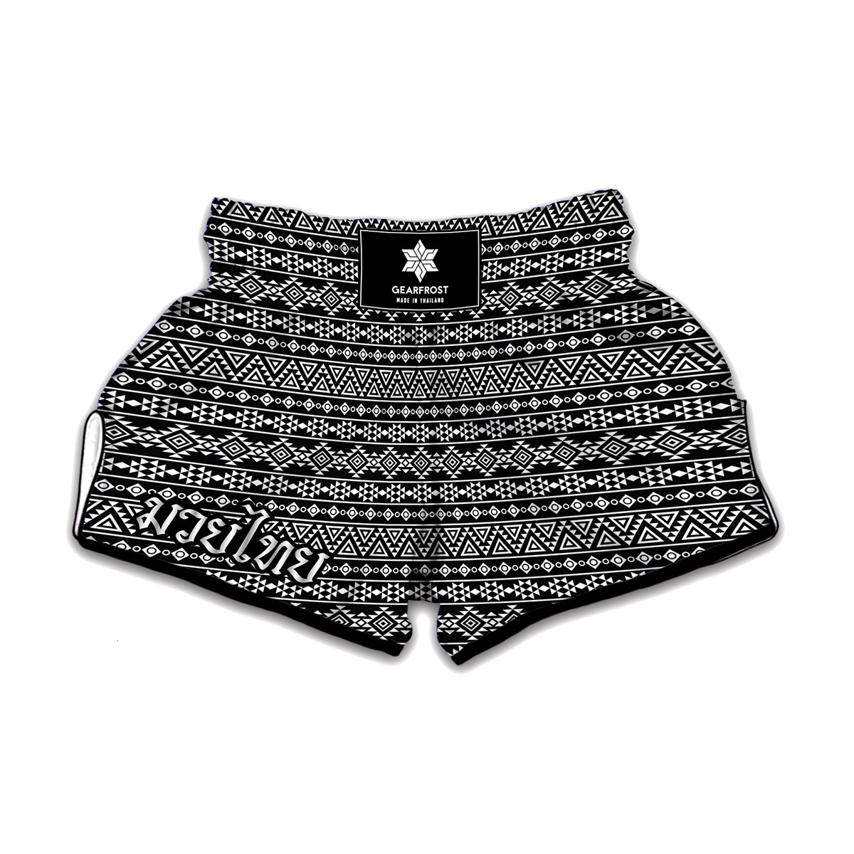 Black And White Aztec Geometric Print Muay Thai Boxing Shorts
