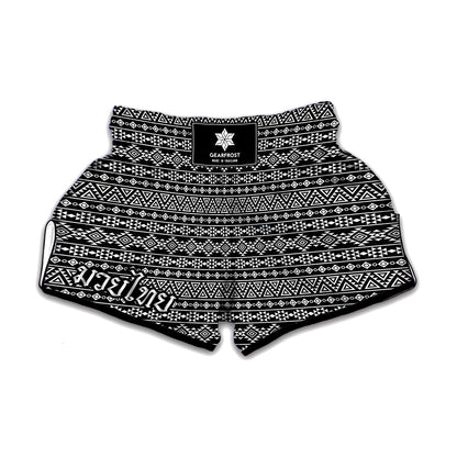 Black And White Aztec Geometric Print Muay Thai Boxing Shorts