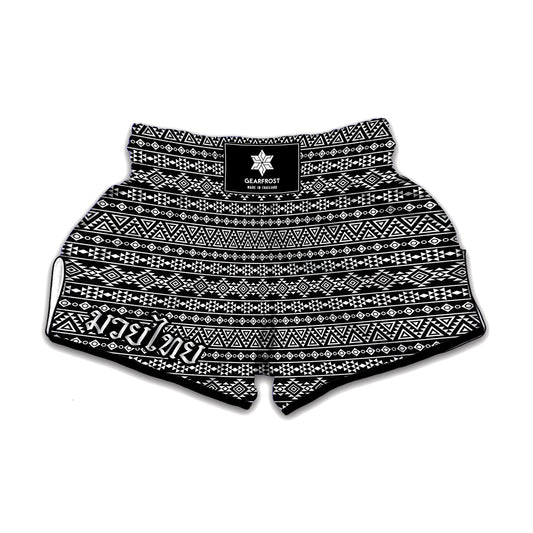 Black And White Aztec Geometric Print Muay Thai Boxing Shorts