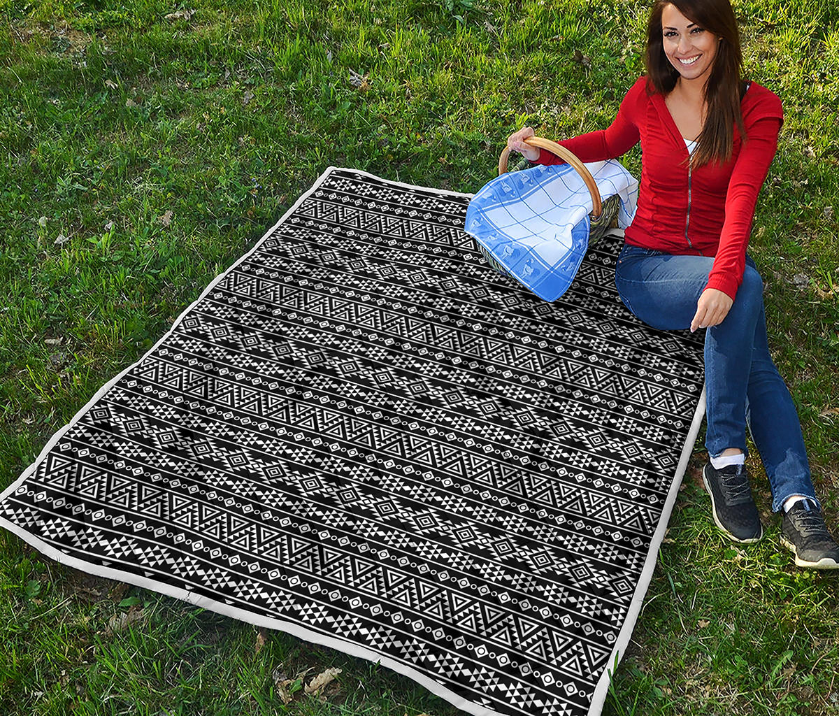 Black And White Aztec Geometric Print Quilt