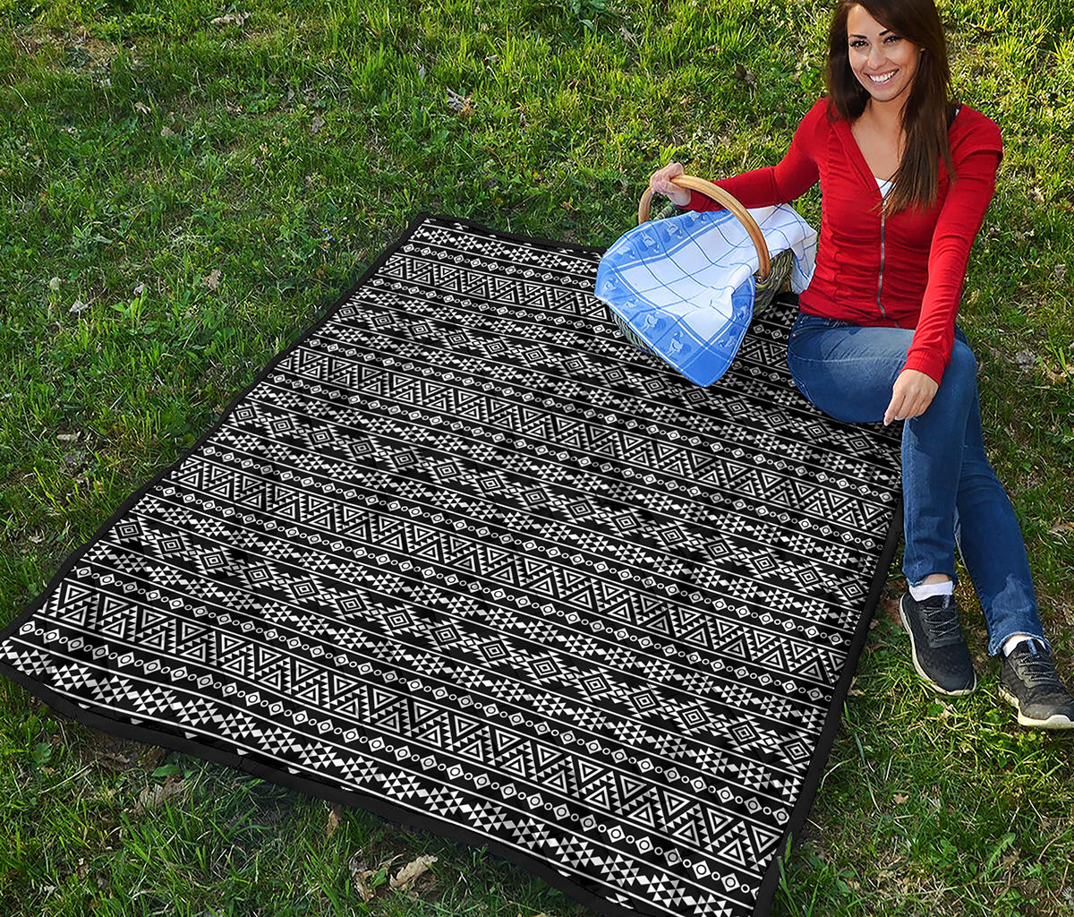 Black And White Aztec Geometric Print Quilt
