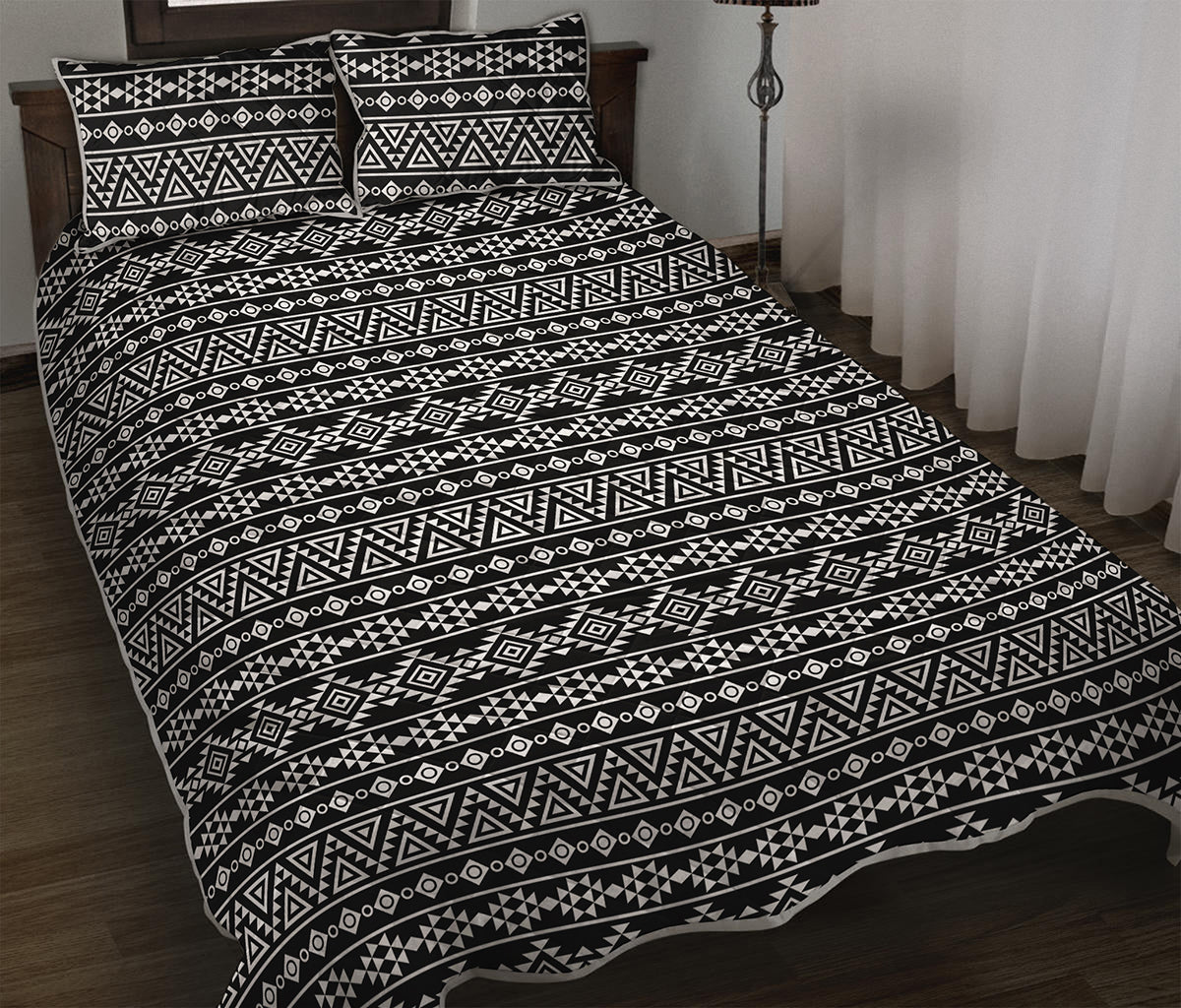 Black And White Aztec Geometric Print Quilt Bed Set