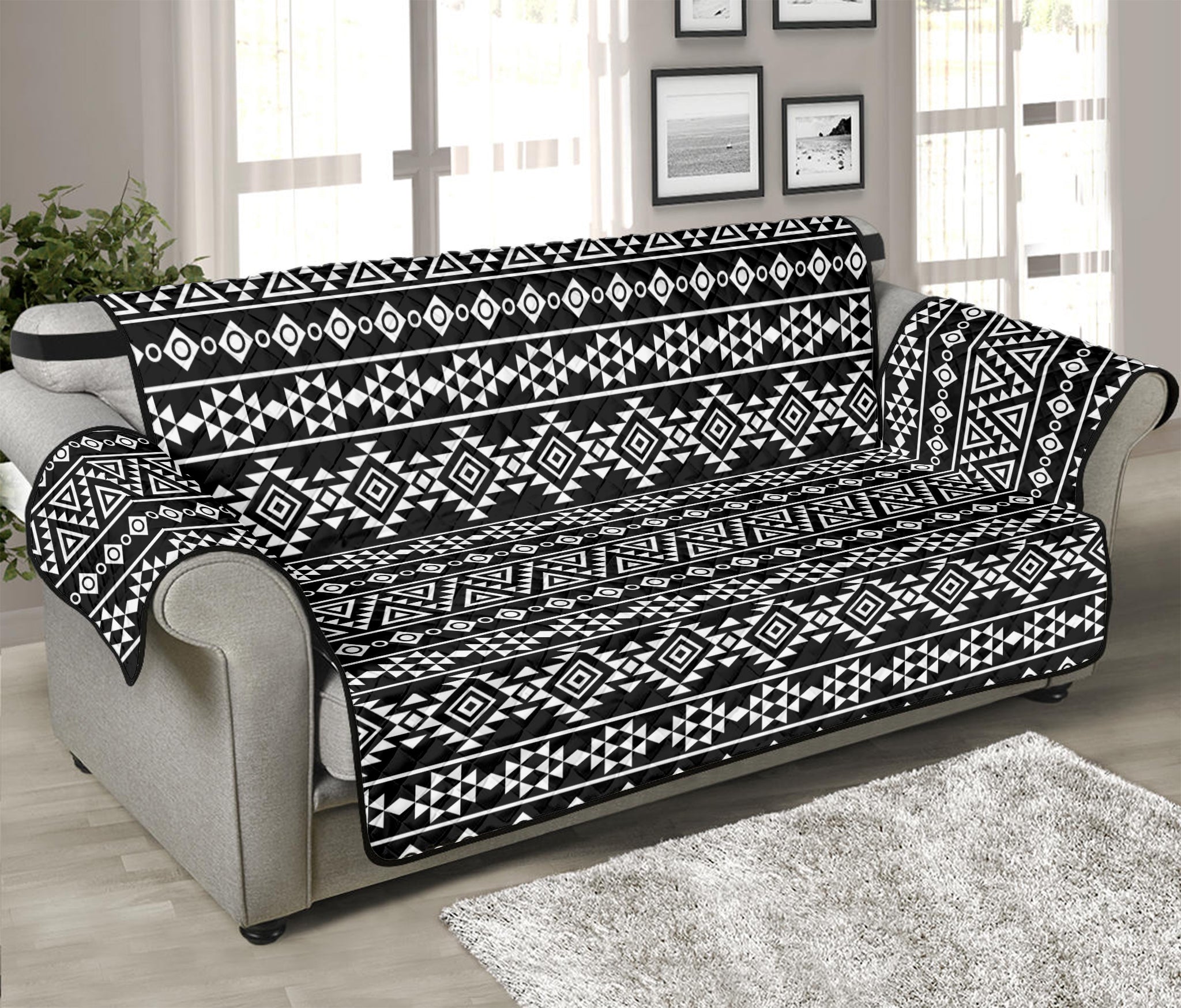 Black And White Aztec Geometric Print Sofa Protector