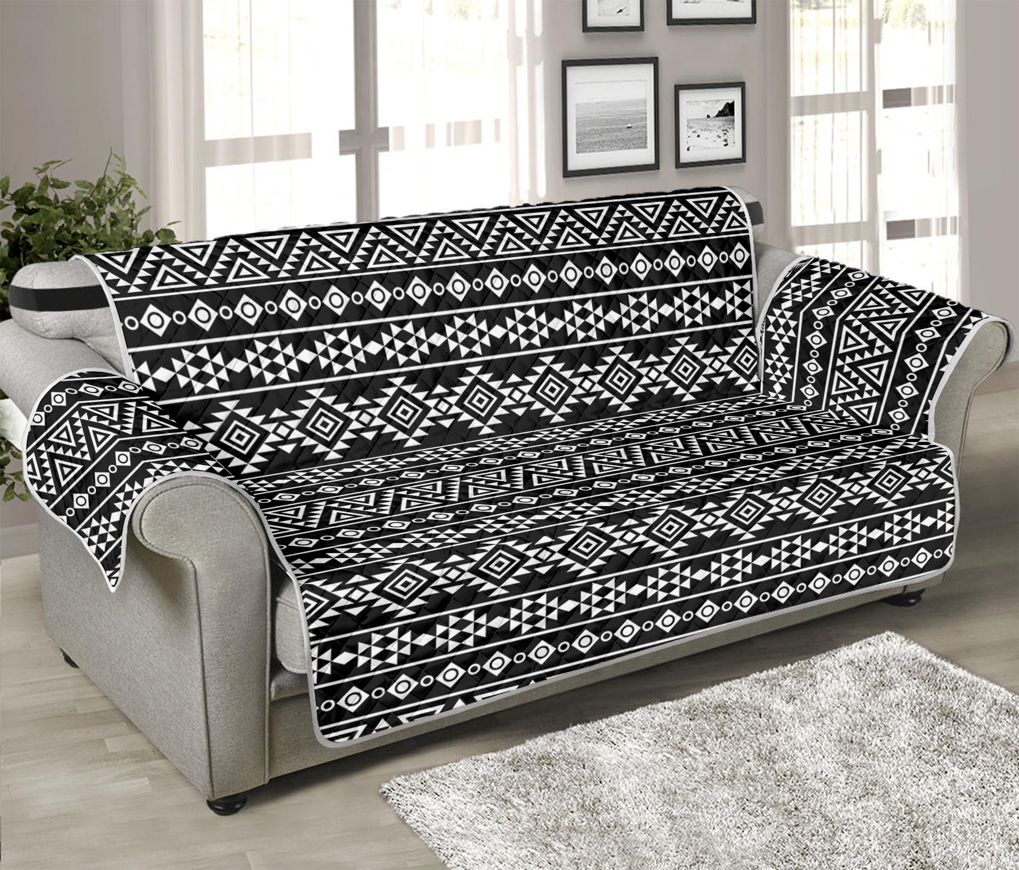 Black And White Aztec Geometric Print Sofa Protector