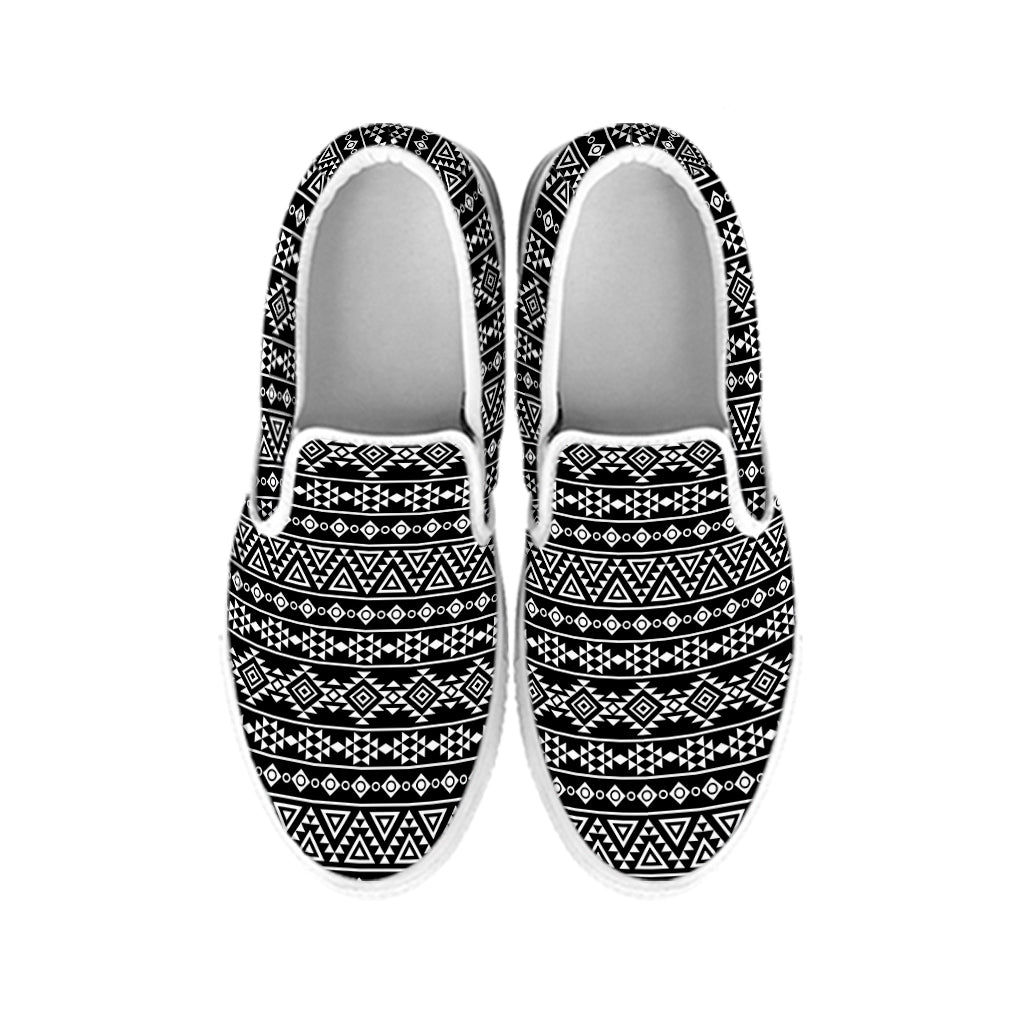 Black And White Aztec Geometric Print White Slip On Shoes