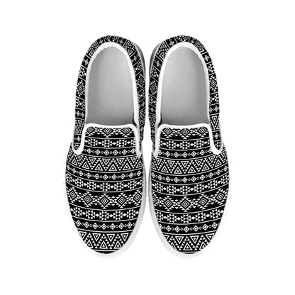 Black And White Aztec Geometric Print White Slip On Shoes