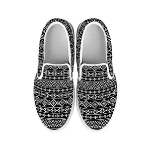 Black And White Aztec Geometric Print White Slip On Shoes