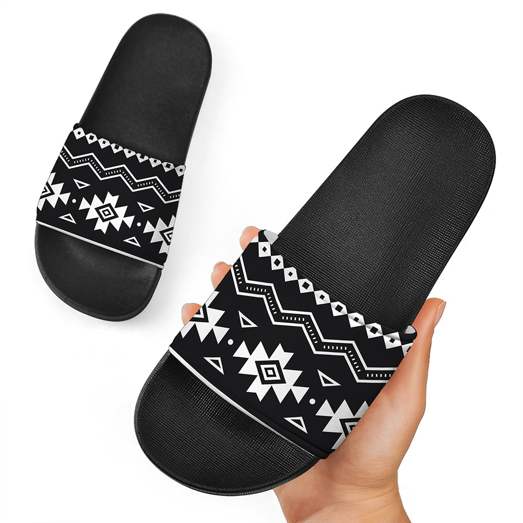 Black And White Aztec Pattern Print Black Slide Sandals