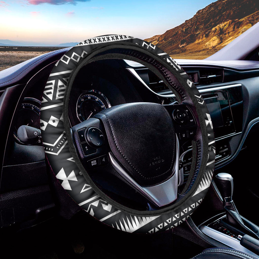 Black And White Aztec Pattern Print Car Steering Wheel Cover