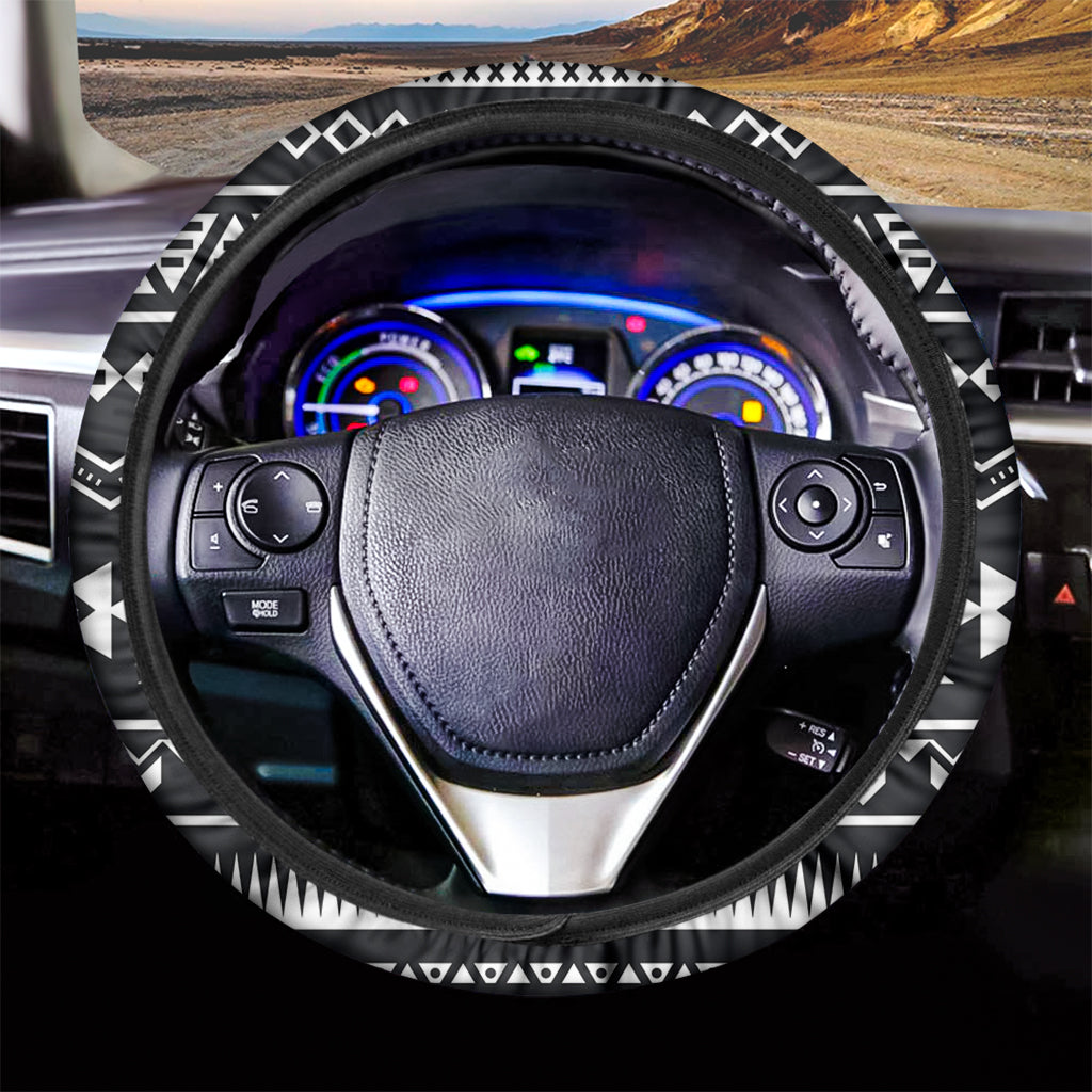 Black And White Aztec Pattern Print Car Steering Wheel Cover