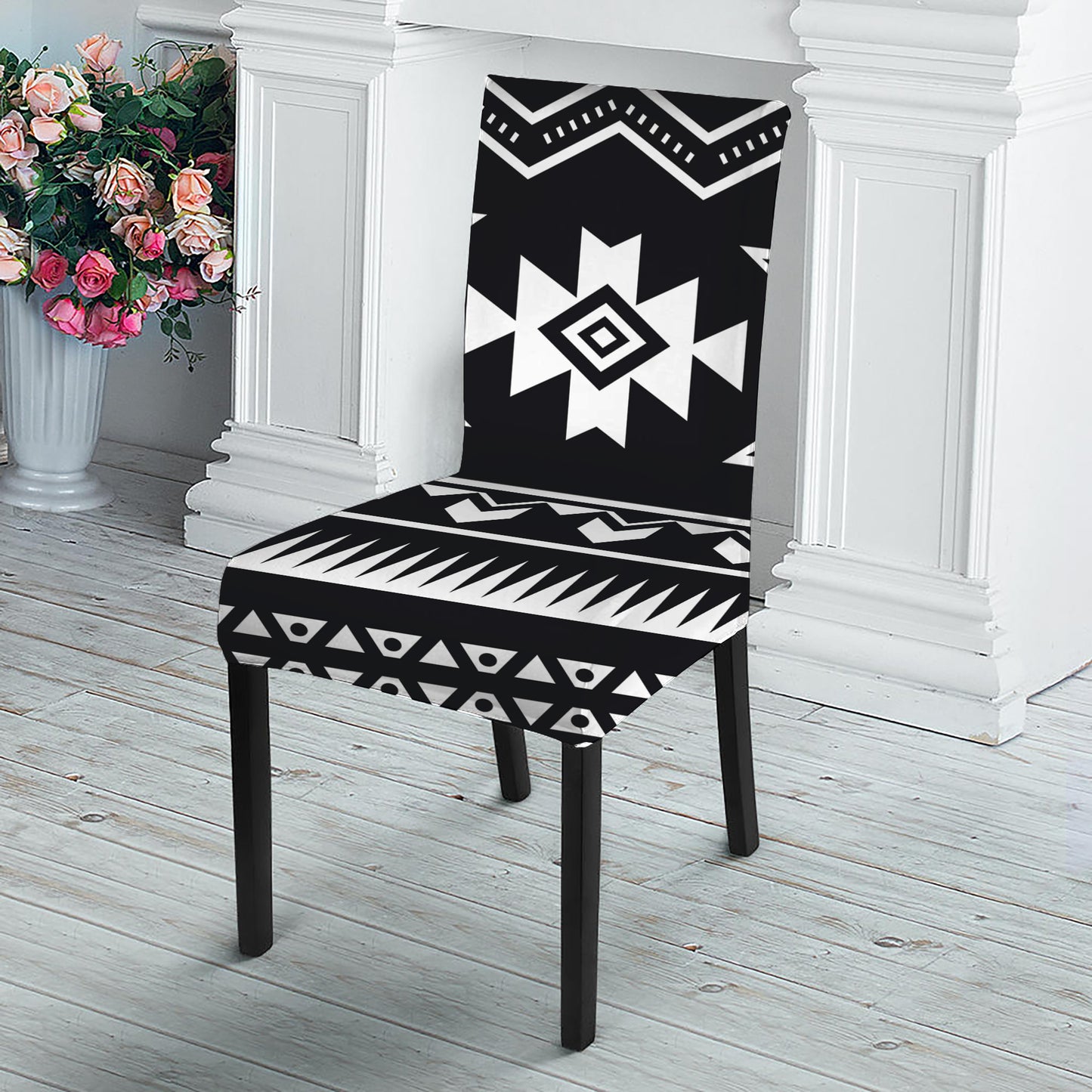 Black And White Aztec Pattern Print Dining Chair Slipcover