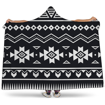 Black And White Aztec Pattern Print Hooded Blanket