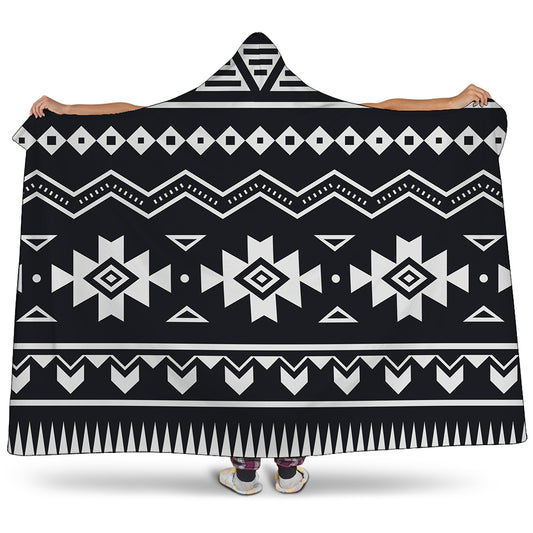 Black And White Aztec Pattern Print Hooded Blanket