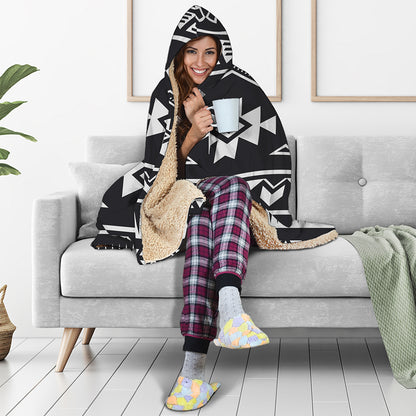 Black And White Aztec Pattern Print Hooded Blanket