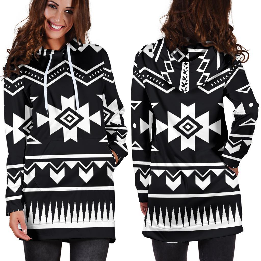 Black And White Aztec Pattern Print Hoodie Dress GearFrost