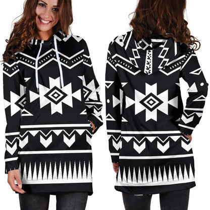 Black And White Aztec Pattern Print Hoodie Dress GearFrost