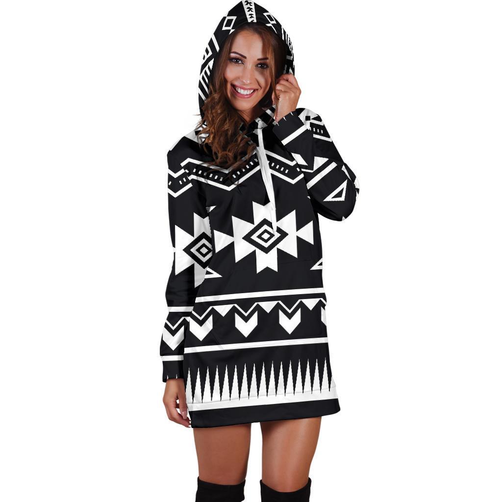 Black And White Aztec Pattern Print Hoodie Dress GearFrost