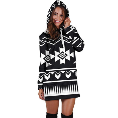 Black And White Aztec Pattern Print Hoodie Dress GearFrost