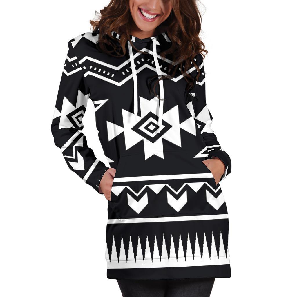 Black And White Aztec Pattern Print Hoodie Dress GearFrost
