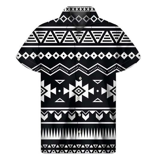 Black And White Aztec Pattern Print Men's Short Sleeve Shirt