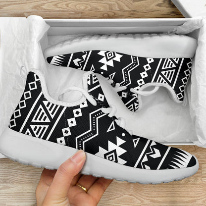 Black And White Aztec Pattern Print Mesh Knit Shoes GearFrost