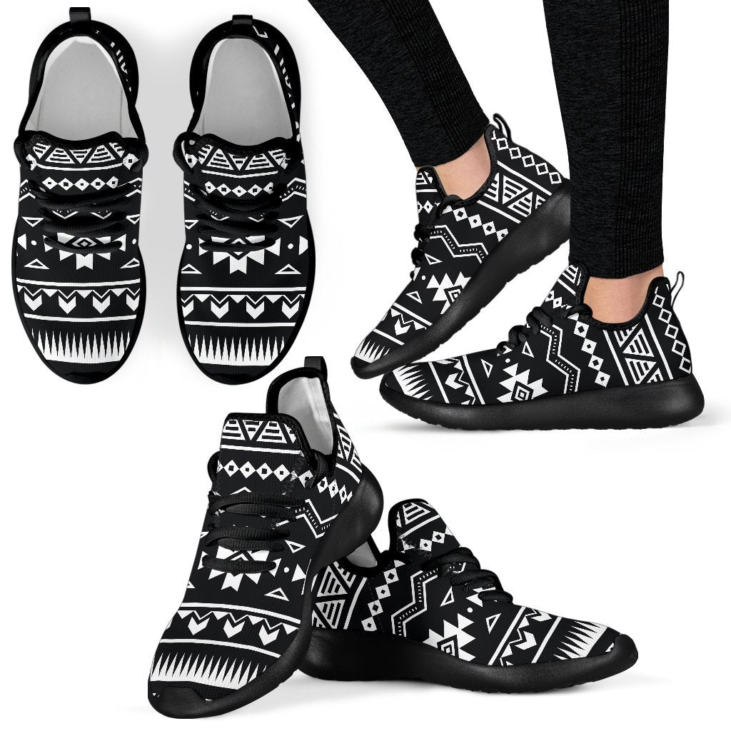 Black And White Aztec Pattern Print Mesh Knit Shoes GearFrost